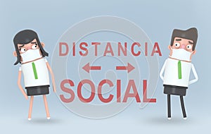 Couple with a mask separated by big caution spanish text Distancia Social. 3d illustration. photo