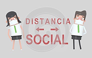 Couple with a mask separated by big caution spanish text Distancia Social. 3d illustration. Isolated. photo