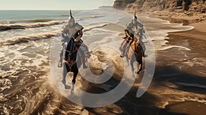 a couple of men riding on the backs of horses across a beach