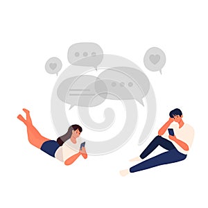 Couple men and women chatting with each other romantically online cartoon hand drawn style flat vector design human character