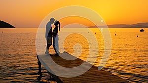 a couple of men and women on a wooden jetty, looking at colorful sunset on the sea