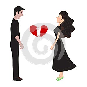 Couple mending broken pieces of heart. Young man and woman with red heart shape with cracks. Vector illustration for love, relatio