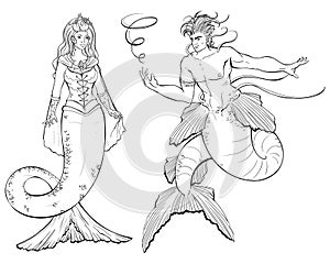 Couple of mermaid and merman. Design for print, poster, banner. Isolated objects on white background.