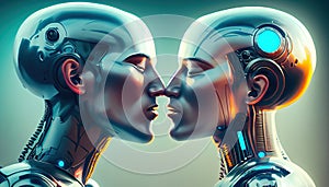 Couple of metal and neon lights about to kiss. Robots in love. Humanoids kissing.