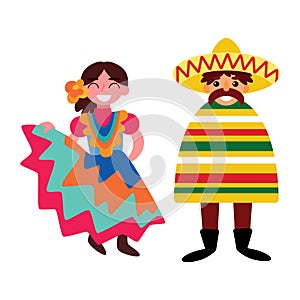 Couple of Mexican dancers white isolated vector illustration