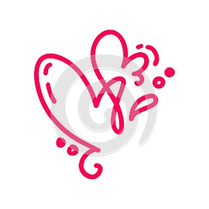 Couple monoline Red Vector Valentines Day Hand Drawn Calligraphic two Hearts. Calligraphy lettering illustration