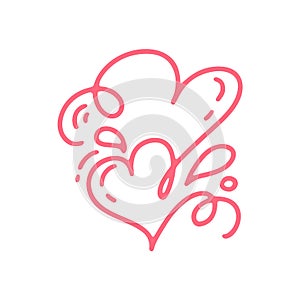 Couple monoline Red Vector Valentines Day Hand Drawn Calligraphic two Hearts. Holiday Design element valentine. Icon