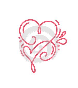 Couple monoline Red Vector Valentines Day Hand Drawn Calligraphic two Hearts. Holiday Design element valentine. Icon