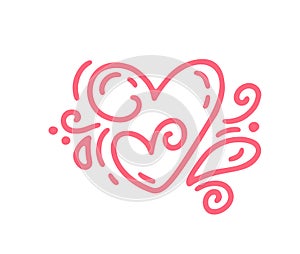 Couple monoline Red Vector Valentines Day Hand Drawn Calligraphic two Hearts. Holiday Design element valentine. Icon