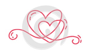 Couple monoline Red Vector Valentines Day Hand Drawn Calligraphic two Hearts. Holiday Design element valentine. Icon