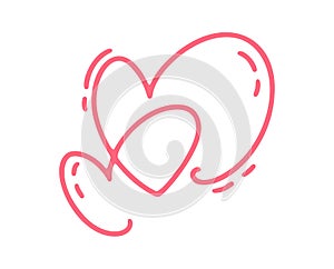 Couple monoline Red Vector Valentines Day Hand Drawn Calligraphic two Hearts. Holiday Design element valentine. Icon