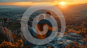 Couple on mountain peak admiring dusk sky, landscape