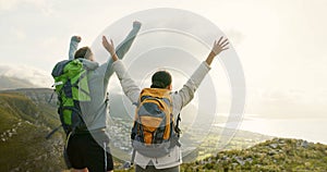 Couple, mountain top and freedom or celebration of hiking goals, travel and trekking adventure in nature. Back of happy