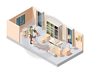 Couple moving packing. Happy young family opening packages in new house home apartments vector isometric concept