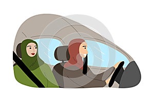 Couple Muslim Arab woman in traditional hijab with a safety belt driving a car. Vector illustration in flat cartoon