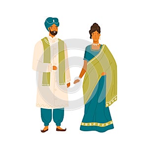 Couple in national india costume vector flat illustration. Man and woman in traditional indian dress, headdress and