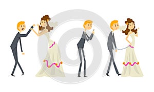Couple of Newlyweds Set, Funny Weak Groom Character Dominated by Bride Cartoon Vector Illustration
