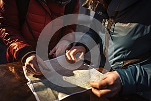 A couple observes a map closely, strategizing their upcoming journey to ensure a memorable travel experience, Tourists checking a