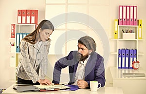 Couple in office. Business couple working. Modern business ideas. Consulting. Startup team. Business report. Successful