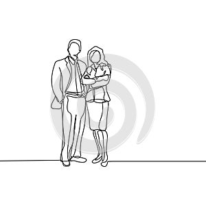A couple of office worker. concept of a boss and his secretary standing looks gentle and awesome continuous one line drawing