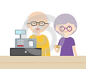 A couple of old people, man and woman paying a credit card at a cash desk, vector