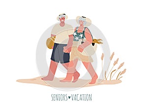 A couple of old people in swimsuits are walking along the beach holding hands.Eldery on vacation.Vector illustration.