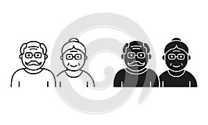 Couple of Old Senior Person Silhouette and Line Icon Black Set. Happy Elder Grandparents Pictogram. Old Grandfather and