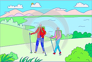 Couple outdoorsman male female hold hand hiking stick, character people walk outdoor forest lake place line flat vector photo