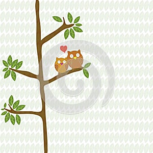 Couple owl birds love with red heart on tree cartoon vector