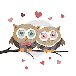 Couple of owls in love on a white background and message