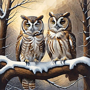 A couple of owls sitting on top of a snow covered tree. Beautiful picture of Owls.