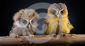 A couple of owls sitting on top of a wooden branch. Generative AI image.