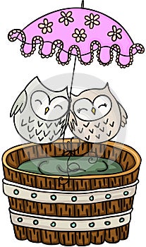 Couple owls with umbrella on wooden tub for a bath