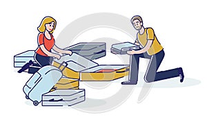 Couple packing clothes in suitcases for vacation travel. Young man and woman pack trip luggage