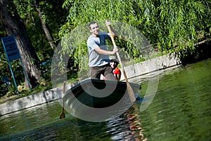 Couple paddling in rowboat