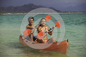 Couple paddling their kayak