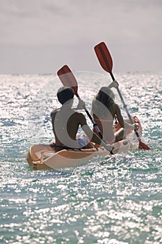 Couple paddling their kayak