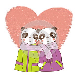 A couple of pandas wrapped in one scarf