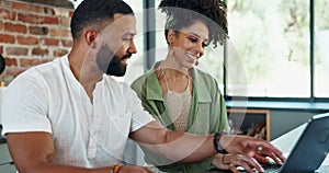 Couple, paper and laptop by desk with high five for budgeting, investment or planning expenses in house. Man, woman and