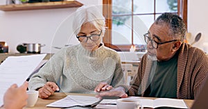 Couple, paperwork and reading for insurance in retirement, planning and bills or documents. Senior people, marriage and