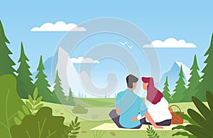 Couple in park. Happy man and woman in love on picnic, people back view romantic weekend in nature, beautiful summer