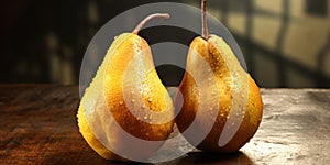 A couple of pears sitting on top of a wooden table. Suitable for food photography or kitchen-themed designs