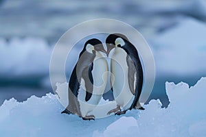 A couple of penguins confidently stand upright on top of a ground covered in snow, Two penguins on an ice floe forming a heart