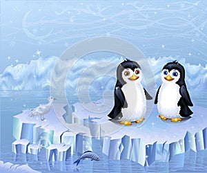 A couple of penguins sitting on an ice floe