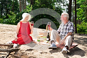 Couple of pensioners having very cute romantic picnic on the beach