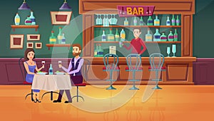 Couple people in bar vector illustration, cartoon flat man woman characters meeting, dating drinking wine in restaurant