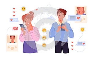 Couple people dating online, chatting in messenger using heart emoticons, holding phones