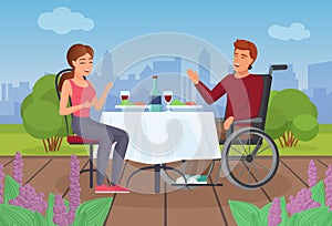 Couple people eat on terrace in summer, disabled man in wheelchair dining with girl