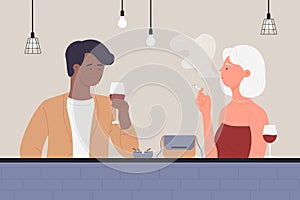 Couple people enjoy conversation at bar, romantic dating, young woman man drinking wine