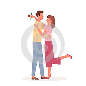 Couple people hug and love on date, pair of man woman hugging after giving flower gift